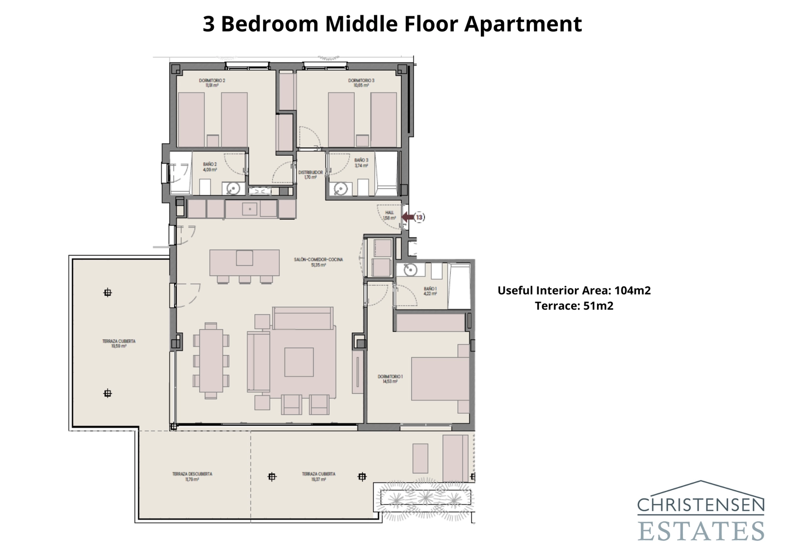 Indretningen for denne treværelses lejlighed på mellemetagen byder på et åbent opholdsområde og en generøs terrasse for at nyde udsigten og klimaet.