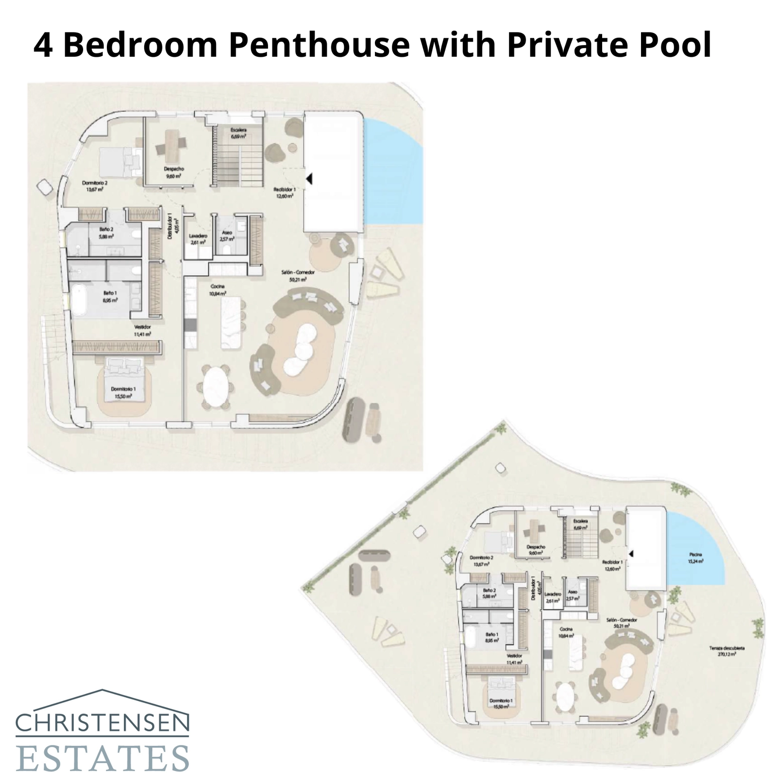 Plantegningen for en spektakulær fire-værelses penthouselejlighed, der viser store opholdsrum og en eksklusiv tagterrasse med privat pool.