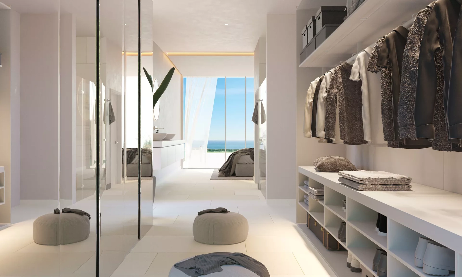 Et rummeligt og veldesignet påklædningsværelse giver rigelig opbevaringsplads og et strejf af hverdags luksus.