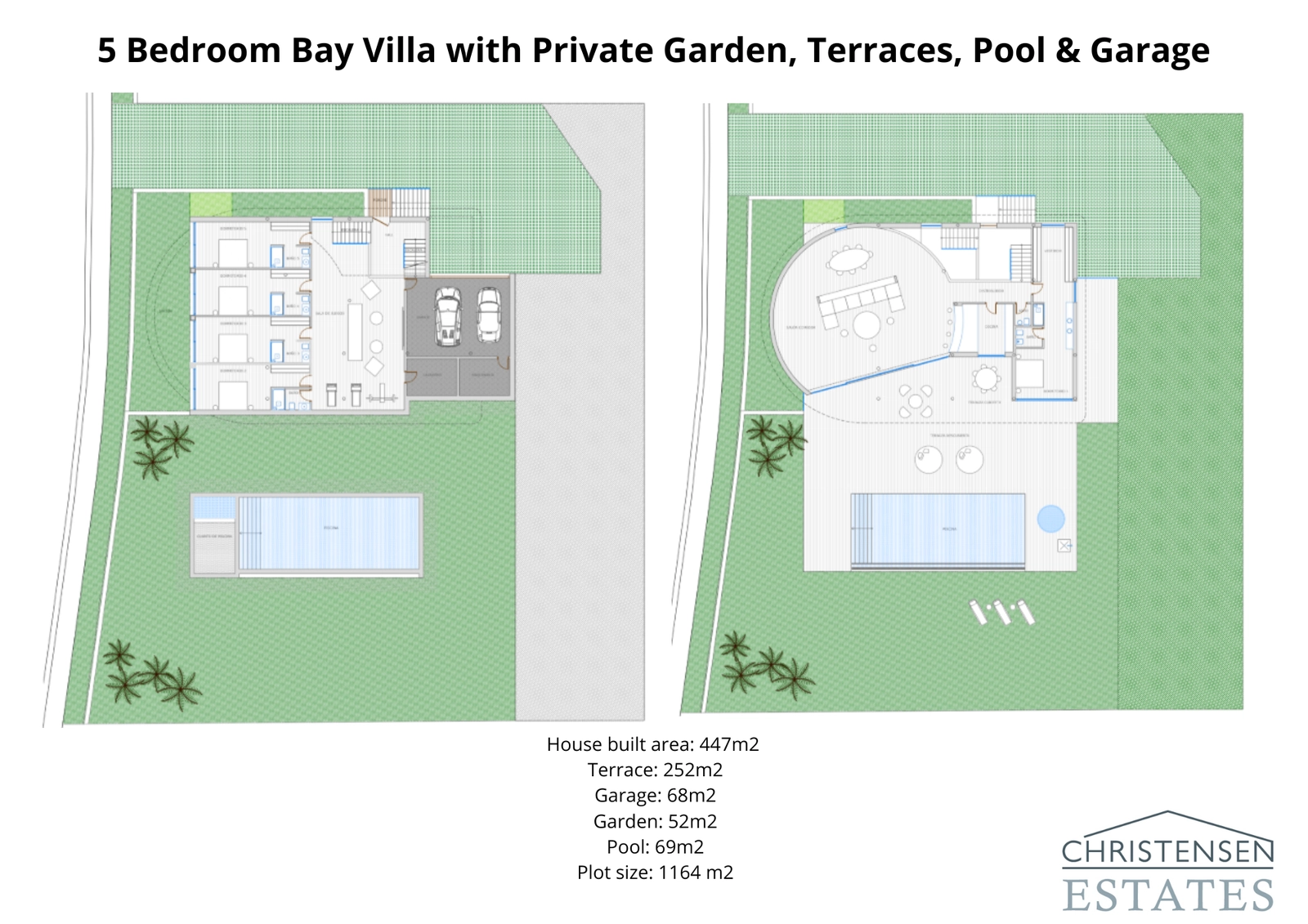 Denne detaljerede plantegning viser den intelligente indretning af villaen med fem soveværelser, designet til komfort og en problemfri overgang mellem de rummelige interiører, terrasser og den private have.