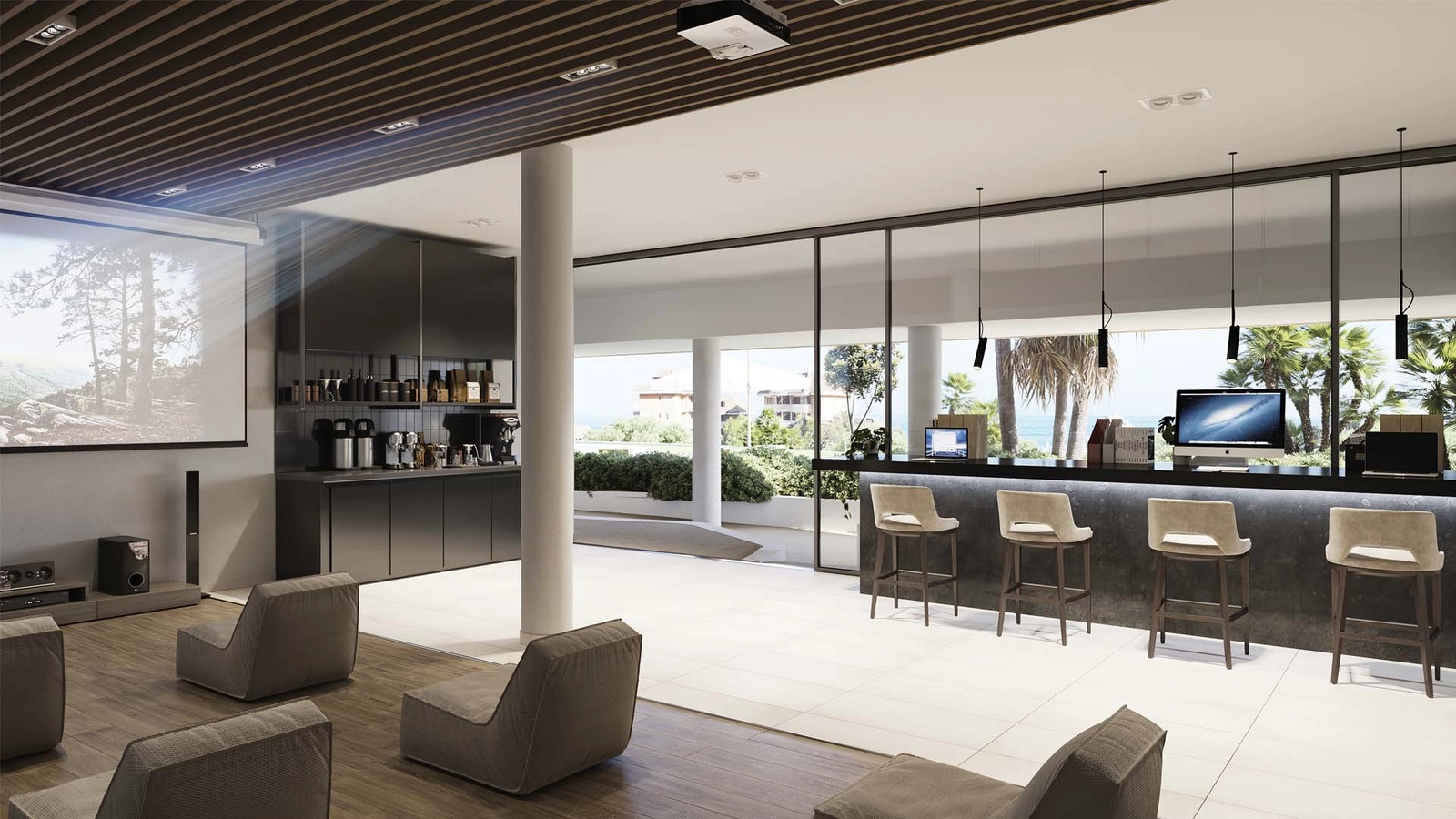 En stilfuld co-working og social lounge, hvor beboerne kan mødes, arbejde og slappe af.