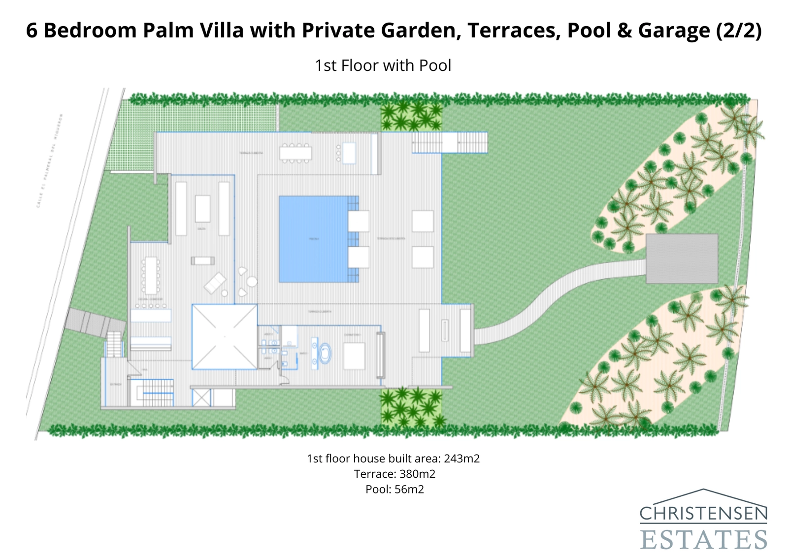 Plantegning over første sal, der viser de primære opholdsrum, master-suite og en stor terrasse med swimmingpool, designet til ubesværet inde-ude-liv.