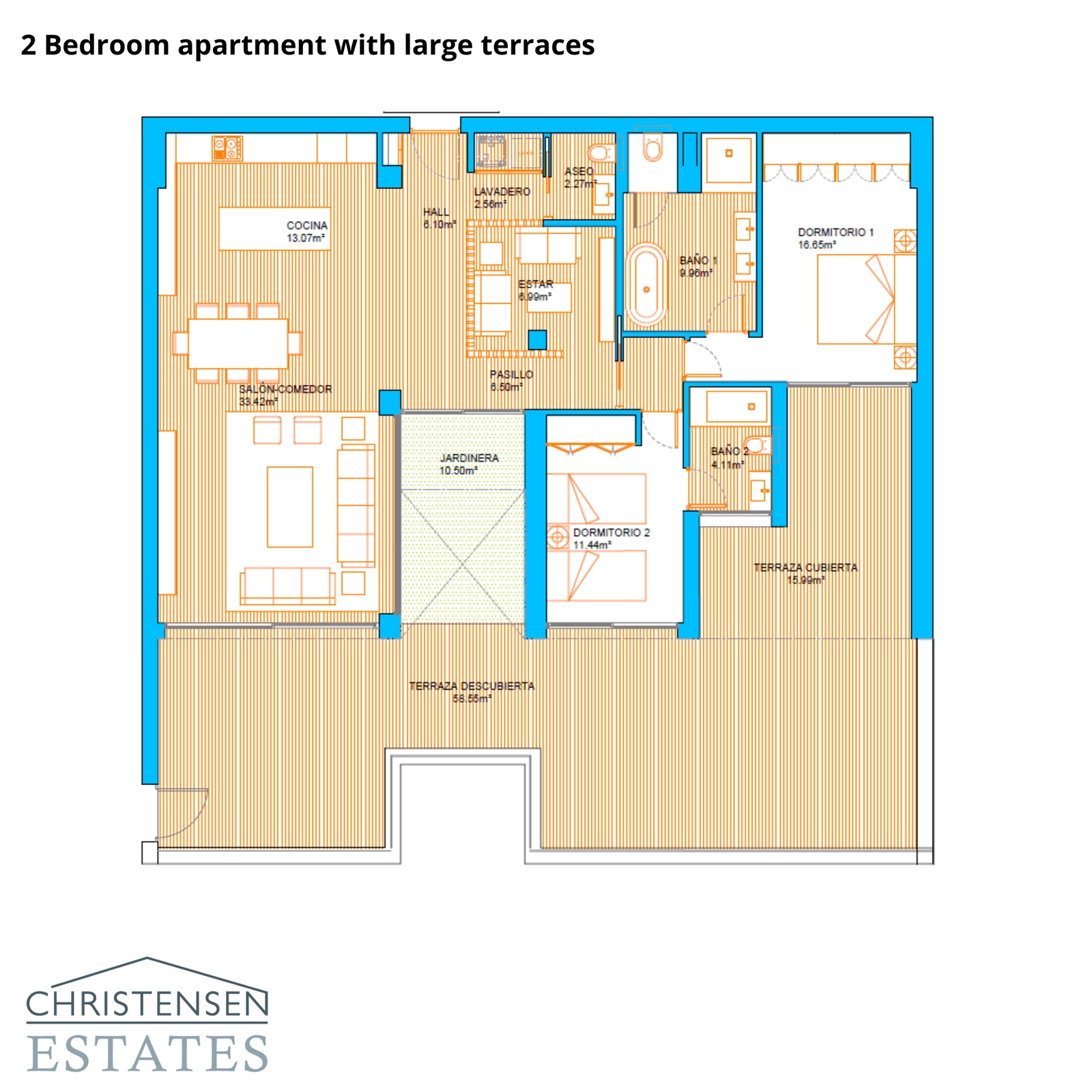 Denne to-værelses planløsning er designet til komfort, med rummelige opholdsområder og store terrasser til at nyde klimaet på Costa del Sol.