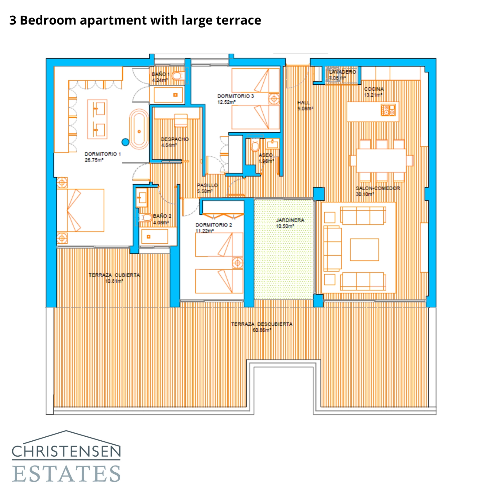 En veldisponeret tre-værelses lejlighed, der tilbyder generøse indendørsarealer og en omfattende terrasse til afslapning og underholdning.