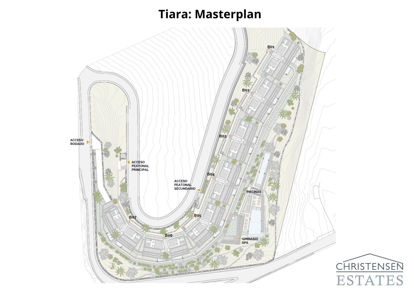 Masterplanen illustrerer den gennemtænkte placering af de syv boligblokke for at maksimere udsigt, privatliv og adgang til de fælles haver og swimmingpools.