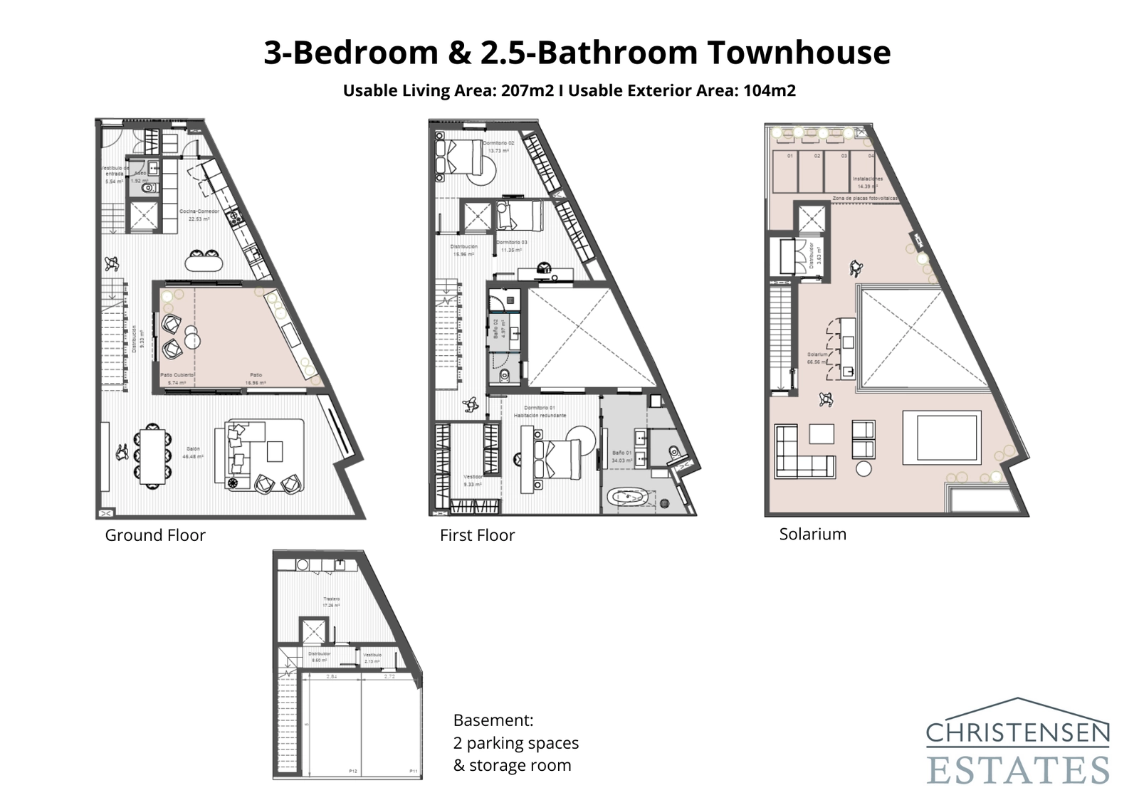 En alternativ 3-værelses indretning, der viser den intelligente fordeling af plads og den sømløse forbindelse til den private gårdhave og terrasserne.
