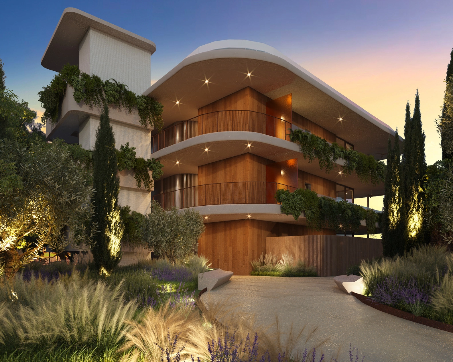 Bebyggelsens avantgarde-arkitektur harmonerer med de naturlige omgivelser og skaber et unikt og eksklusivt miljø.