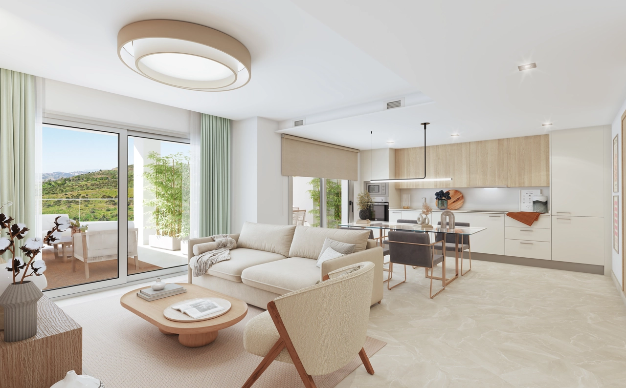 Det lyse og rummelige åbne opholdsområde, der problemfrit forbinder til terrassen for en perfekt indendørs-udendørs livsstil.