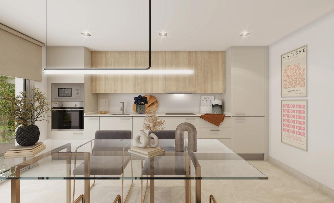 Et moderne, fuldt udstyret køkken med hvidevarer af høj kvalitet, designet til både funktionalitet og stil.