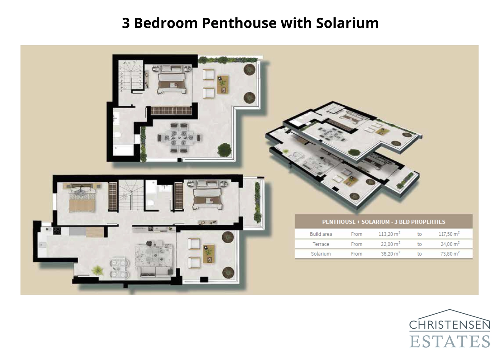 3-værelses penthouse med solarium: Den mest rummelige bolig, der tilbyder tre komfortable soveværelser og et storslået privat solarium med panoramaudsigt.