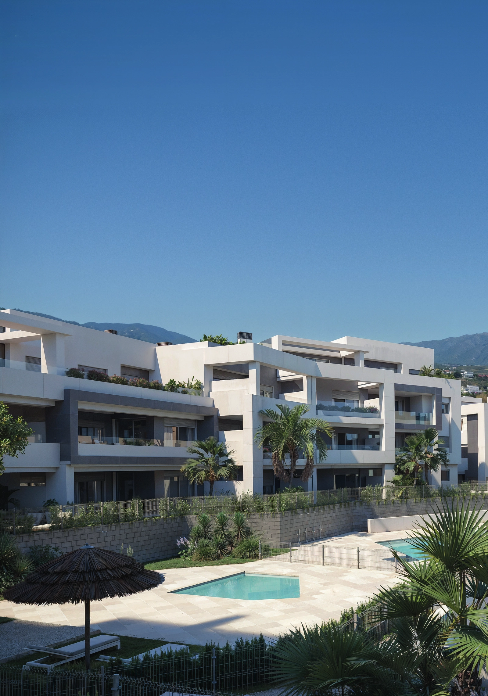 En udsigt over de elegante boligbygninger omgivet af moden beplantning.