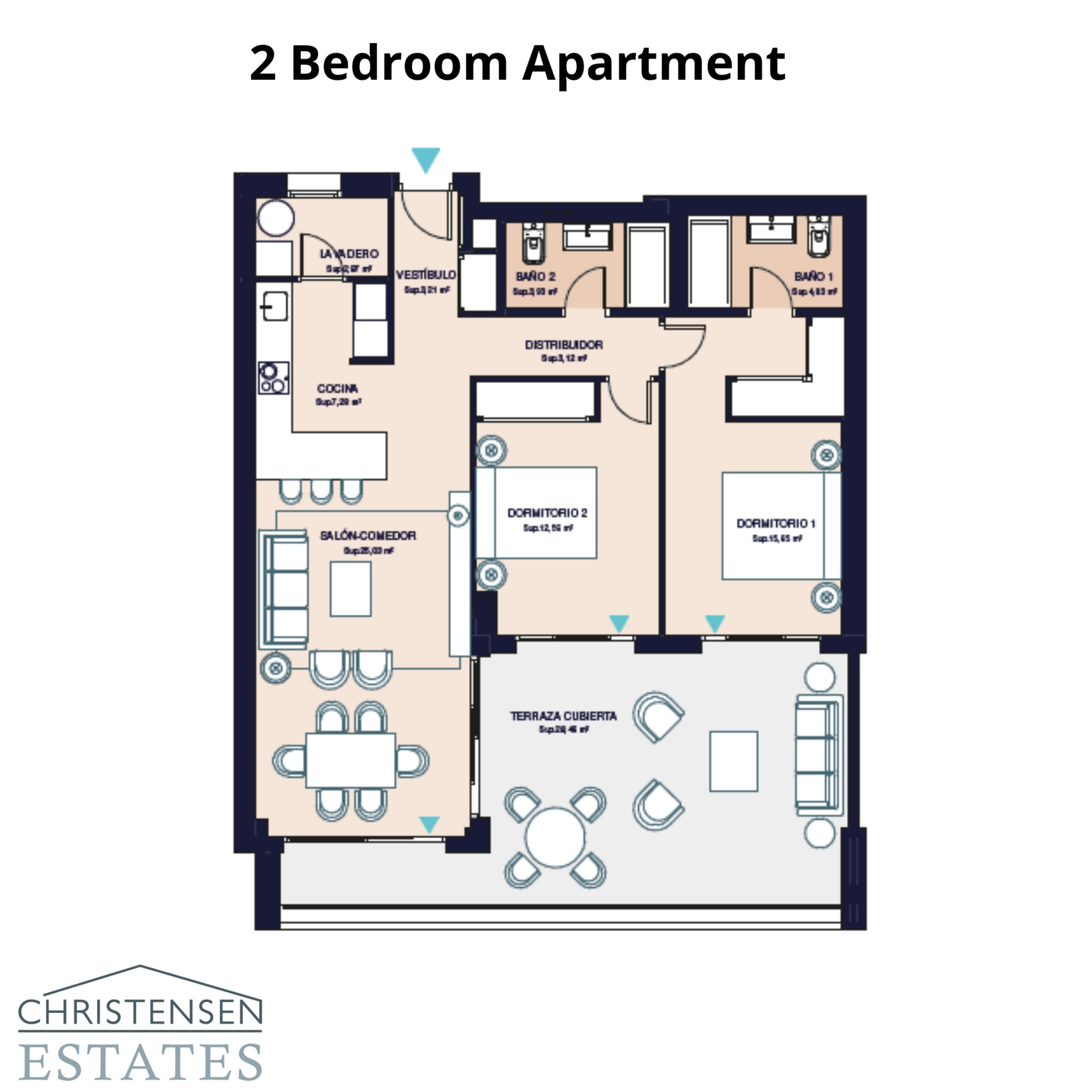Denne indretning med to soveværelser byder på et smart design med et åbent opholdsområde, to badeværelser og en stor overdækket terrasse til at nyde klimaet.