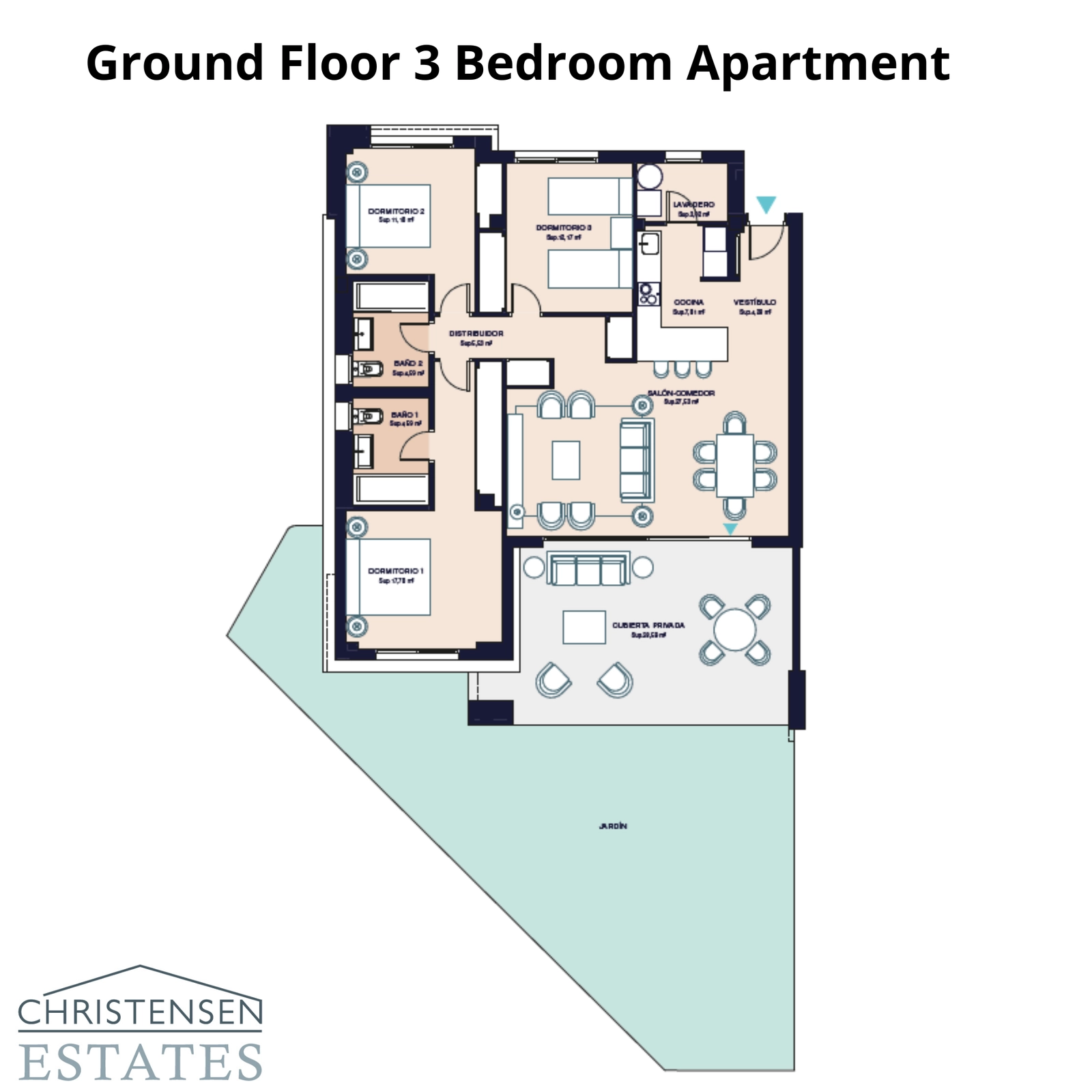 En rummelig stueetages-bolig med tre soveværelser og en stor privat have, der skaber et ideelt rum for familier og udendørs liv.
