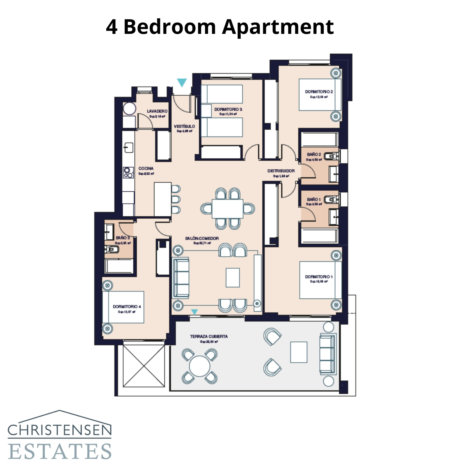 Lejligheden med fire soveværelser tilbyder rigelig plads til familie og gæster, med en funktionel indretning, der adskiller opholds- og soveområder for privatliv og komfort.