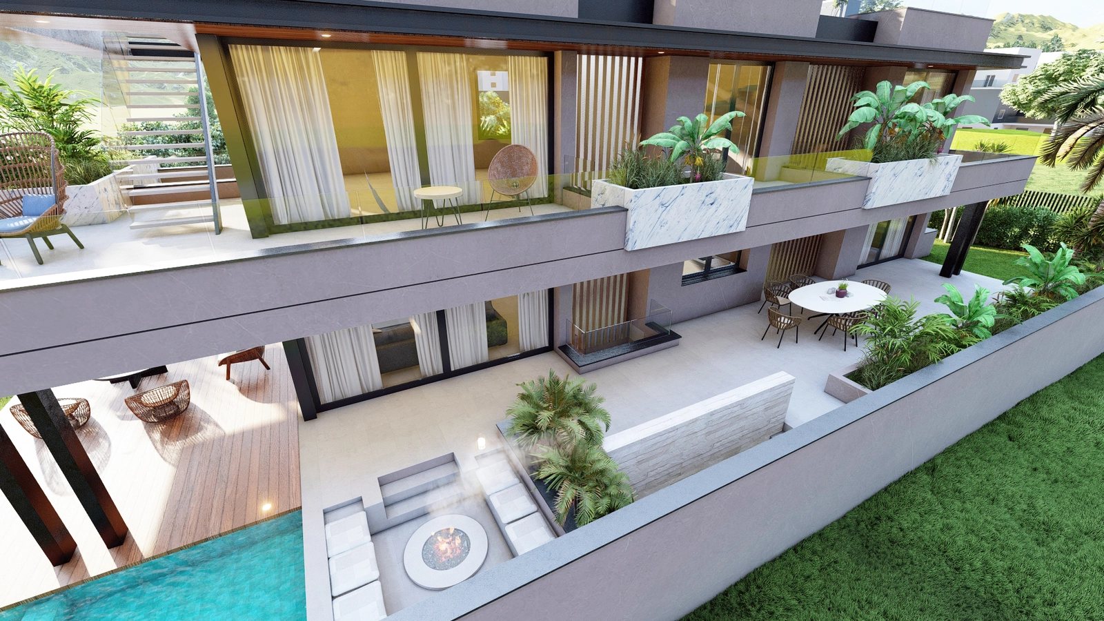 Flere terrasser på forskellige niveauer tilbyder alsidige udendørsområder til enhver lejlighed, fra rolige morgener til livlige sammenkomster.