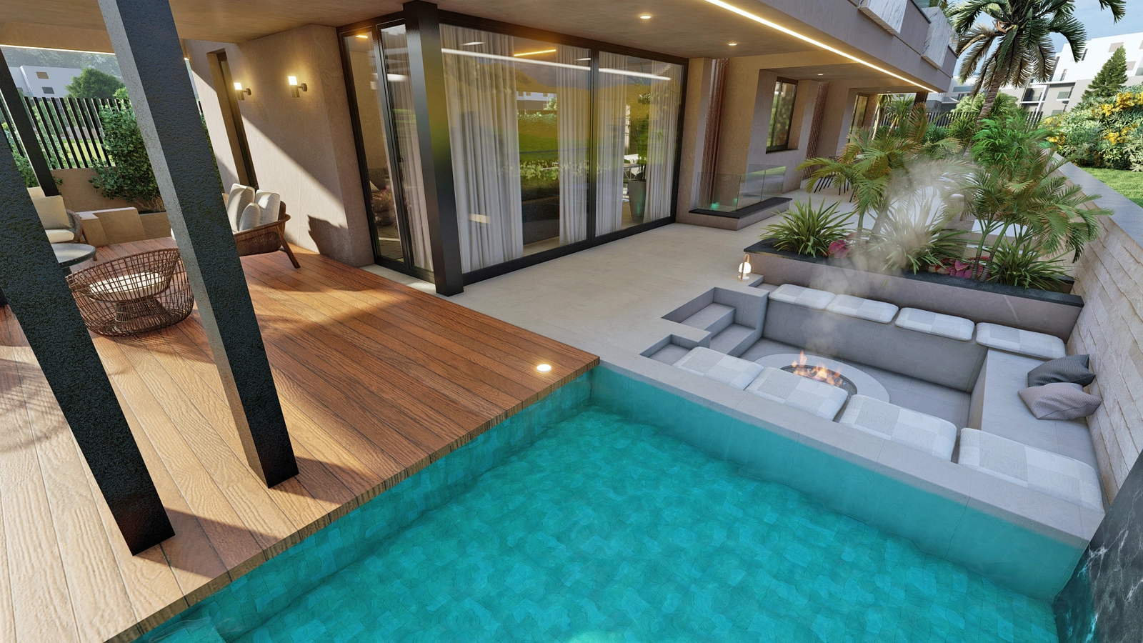 En indbydende nedsænket lounge med pejs, perfekt til hyggelige aftener med venner og familie.