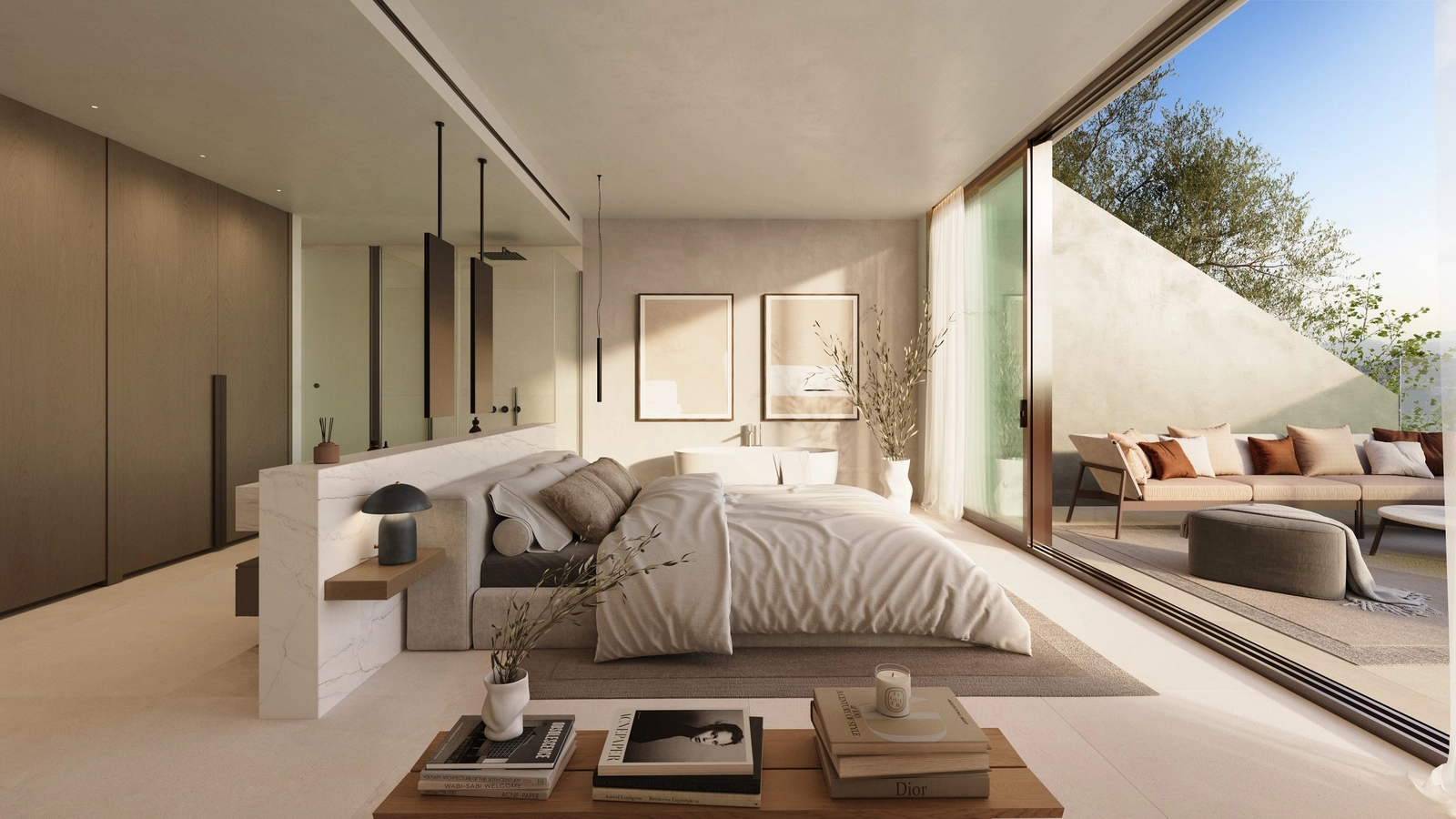 Hovedsoveværelset er et fredfyldt fristed med et åbent badeværelse og direkte adgang til en privat terrasse.