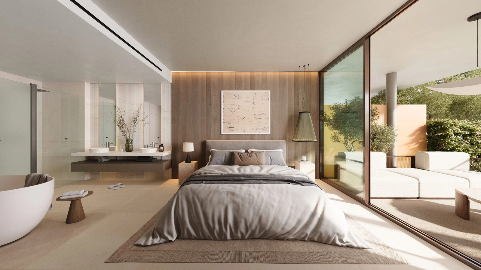Elegant designet master-soveværelse, der forbinder til et luksuriøst badeværelsesområde og skaber en privat og afslappende atmosfære.