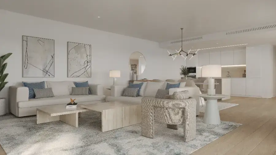 Det elegante åbne stue- og spiseområde inkluderer et moderne, fuldt udstyret køkken.