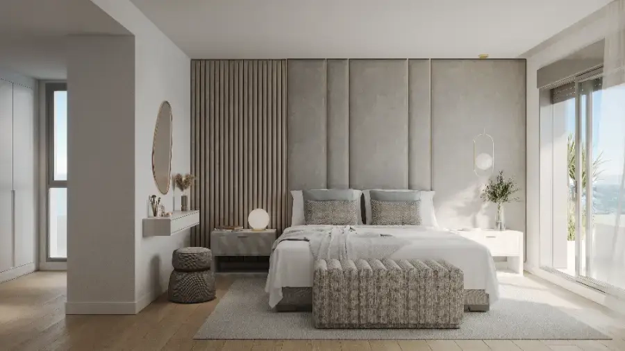 Mastersoveværelset er et fredfyldt tilflugtssted, designet med elegance og komfort for øje.