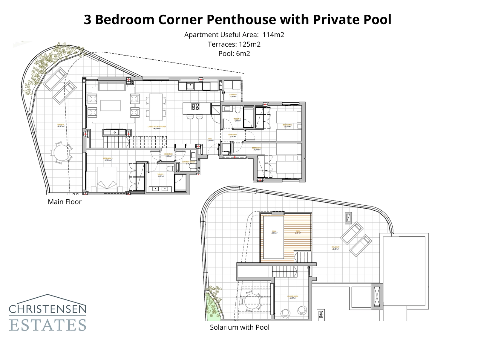 Udforsk den rummelige hjørne-penthouselejlighed med tre soveværelser, med generøse opholdsrum og et fantastisk solarium med privat pool for ultimativ luksus og privatliv.